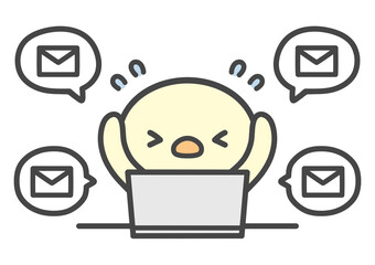 メール対応に追われてパニックになるひよこ　仕事のストレスと業務過多を表す手書きイラスト © Nitomaru