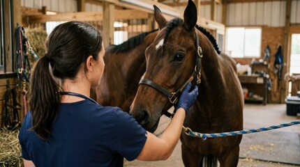 Woman veterinary, horse and medical care outdoor for health and wellness in the countryside. Happy doctor, professional nurse or vet person with an animal for help, touch and healthcare at a ranch