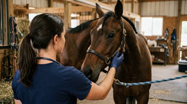 Woman veterinary, horse and medical care outdoor for health and wellness in the countryside. Happy doctor, professional nurse or vet person with an animal for help, touch and healthcare at a ranch