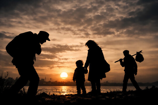 silhouette of homeless or refugees at sunset at edge of river or lake