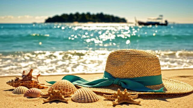 Beach hat shells and sea