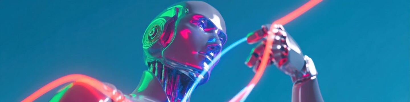 Futuristic human android operating a holographic interface with neon glowing plasma lines for technology branding and science fiction concepts on a blue background