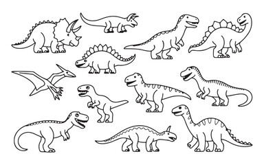 A group of various dinosaur species are shown in simple black and white outline illustrations © BULBUL ISLAM