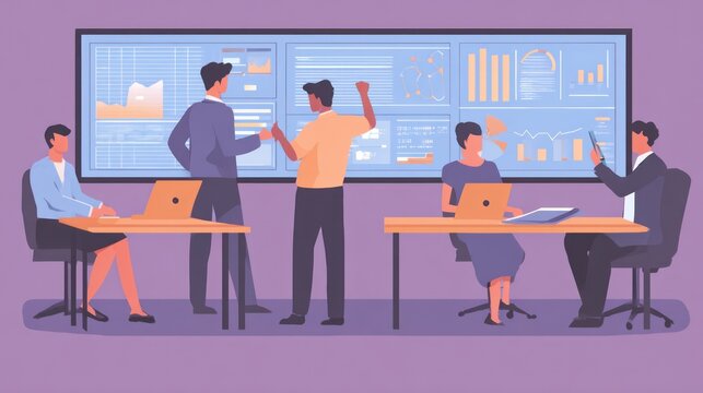 Cartoon depiction of a team collaborating in a modern office, analyzing data on screens