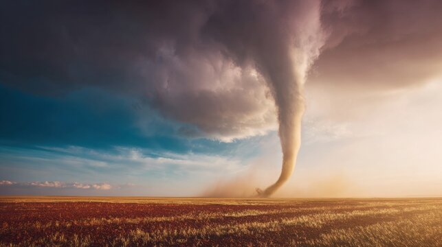 Powerful Tornado Rising Over a Rural Red Field Under a Dramatic Purple Sky for Weather Forecast Marketing Background with Wide Copy Space for Text