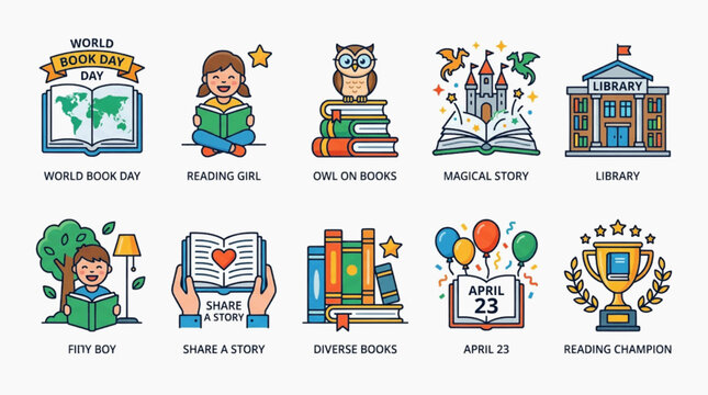 Flat vector icons focusing on literacy education and academic study with symbols for students, books, and knowledge