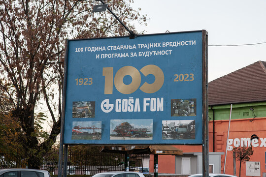 SMEDEREVSKA PALANKA, SERBIA - NOVEMBER 4, 2023: billboard advertizing for Gosa FOM. Gosa is a serbian train and rail equipment manufacturer.