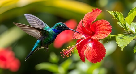 Fototapeta premium Hummingbird and Hibiscus: A vibrant hummingbird hovers near a scarlet hibiscus flower, showcasing the beauty of nature's delicate balance and pollination.