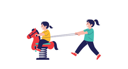 Fototapeta premium Two young girls having fun together while playing with a red spring rocking horse at a community playground or park.