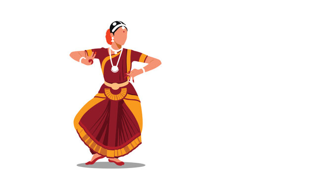 Professional female dancer performs traditional Indian classical bharatanatyam in an elegant maroon and gold sari costume.