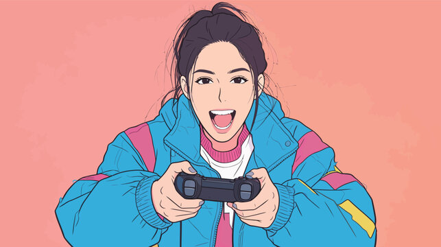 Person holds game controller and smiles while playing video game in colorful jacket against pink background