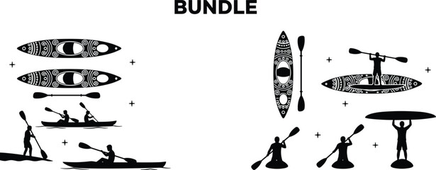 Black silhouette vector bundle featuring patterned kayaks paddles and people rowing or carrying boards for summer water sports and outdoor adventure activities isolated on white. © MdHasmot