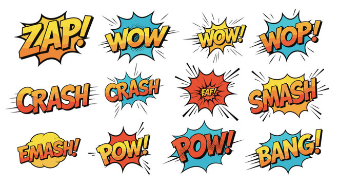 Comprehensive set of vibrant comic book speech bubbles and starburst explosions with action words like zap, wow, and crash.