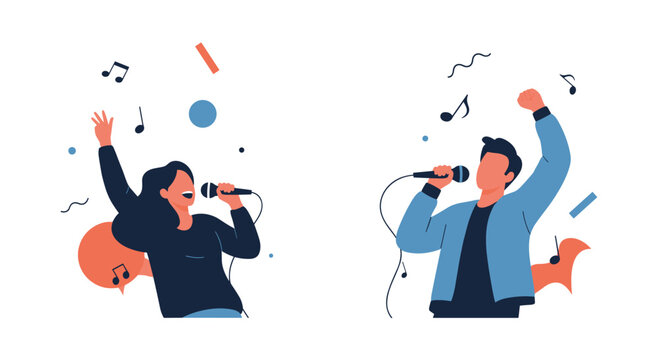 Man and woman singing karaoke with passion into microphones surrounded by musical notes and vibrant abstract shapes.