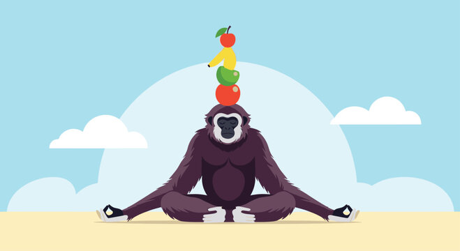 Gorilla sitting in a zen yoga pose with a stack of fruit balanced on its head against a blue sky with soft white clouds.