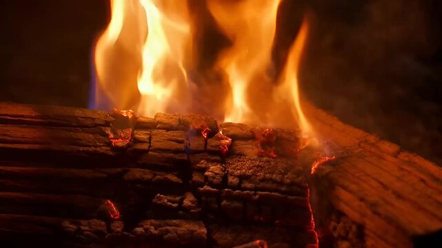 Close up of orange flames burning wooden logs at night