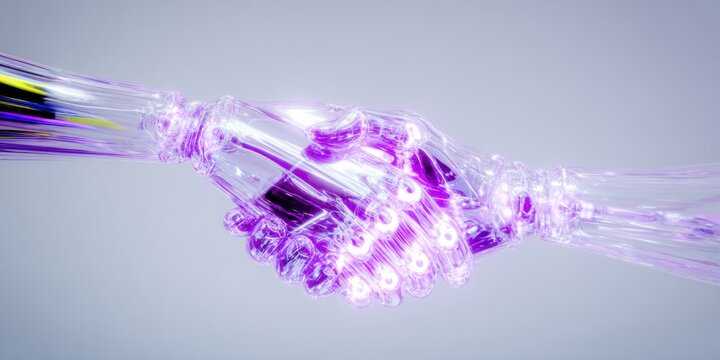 Futuristic Handshake Between Human and Digital Hand Representing Artificial Intelligence Partnership and Technology Connection for App Promo with Pink UI Highlights