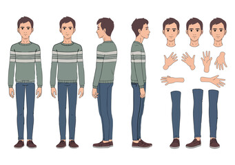 Obraz premium Full body turnaround sheet of a cartoon man showing different views with separate body parts