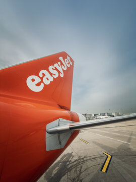 PARIS, FRANCE - MARCH 6, 2026: EasyJet aircraft tail at Paris Charles de Gaulle Airport, Easyjet is a European Low Cost Carrier Airline.