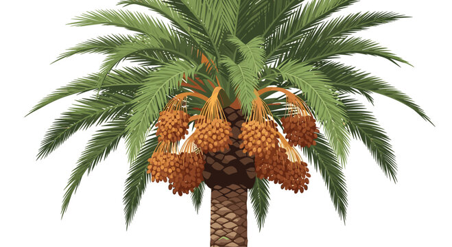 Date palm tree stands tall with clusters of ripe brown dates hanging under lush green fronds against a plain white background.