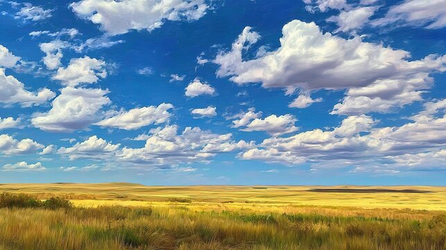 Vast grassland scene oil painting under blue sky white clouds yellow prairie endless vista low angle view hyper realistic details high resolution large