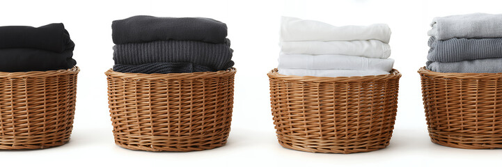 Obraz premium Wicker baskets with folded clothes in various colors laundry