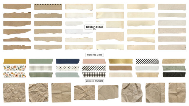 Extensive collection of torn paper strips decorative washi tapes and crumpled kraft paper textures perfect for vintage design scrapbooking and creative overlays