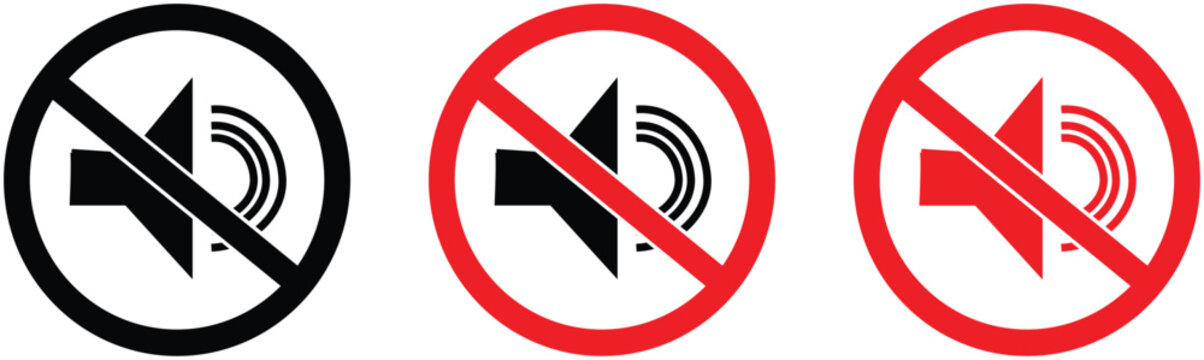 No sound icon set featuring muted speaker symbols inside prohibition circles.