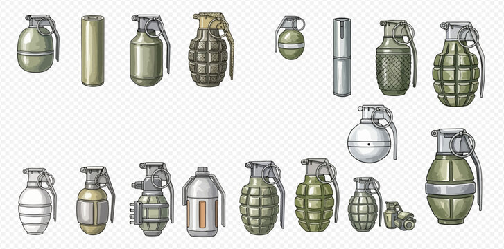 Set of various hand grenades and explosive devices in different styles and sizes, isolated on a transparent background.