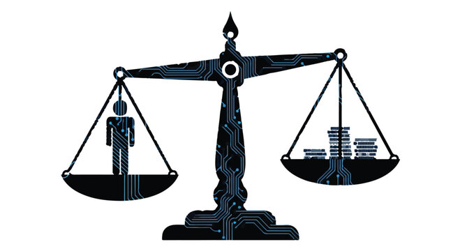 Symbolic scales of justice balancing human figure against stacks of coins, representing financial inequality