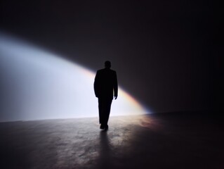 Fototapeta premium Silhouette of a Man Walking Toward Light in a Dark Minimalist Gallery Hall, Corporate Advertising Mockup with Blank Screen and Copy Space for High Contrast Design