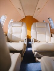 Luxury Private Jet Cabin Interior with Beige Leather Seats and Soft Lighting, High-End Executive Aircraft Seating for Business Travel Promotions and Luxury Lifestyle