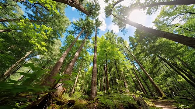 forest canopy from below tall trees sunlit green leaves woodland