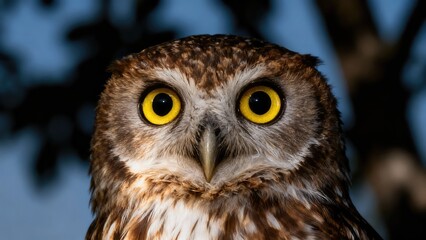 Fototapeta premium Silent Watcher: An owl gazes intently, its large, golden eyes gleaming with wisdom and mystery. This close-up captures the essence of this enigmatic creature, inviting us into its world.