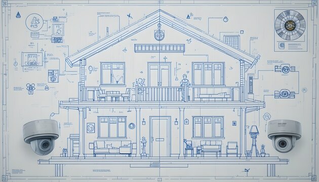 &ldquo;Home security system blueprint, CCTV placement, motion sensors diagram, technical architectural style&rdquo;