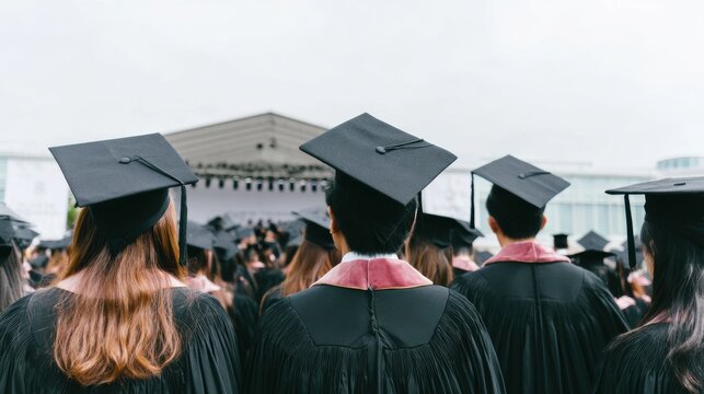 Graduates in black caps and gowns attending university commencement ceremony, viewing stage from behind in auditorium setting, academic banner and professional event context
