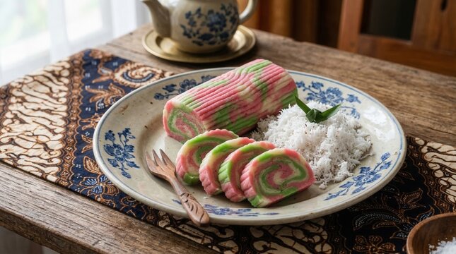 Colorful Indonesian getuk lindri rice cakes on traditional blue ceramic plate