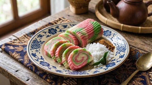 vibrant getuk lindri rice rolls on asian dessert platter on rustic wooden table
