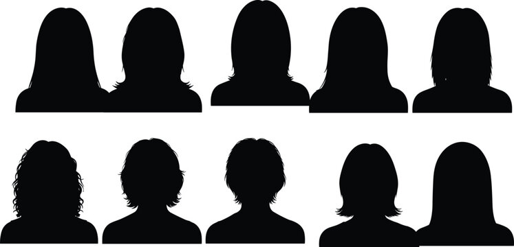 Female head silhouette collection with different hairstyles including long, short, curly and straight hair isolated on white background, women profile avatar set illustration concept