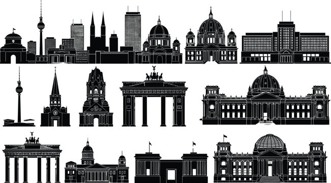 Berlin city skyline silhouette collection featuring famous landmarks like Brandenburg Gate and TV Tower, black vector illustration isolated for travel, architecture, and urban design