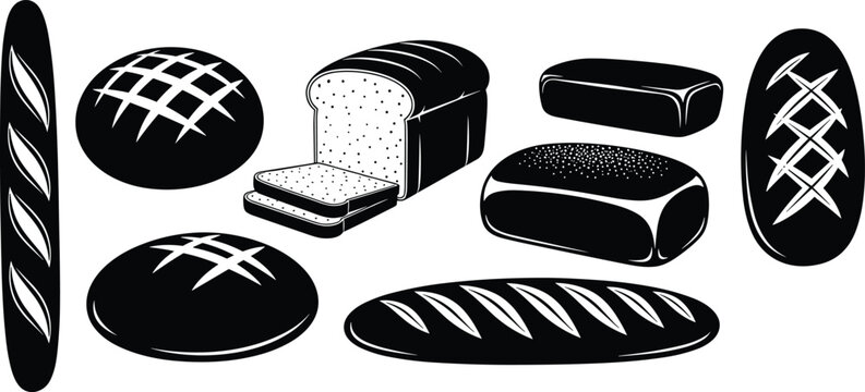 Black and white illustration of diverse bread types including baguette, round loaves, sliced sandwich bread, and decorative scored loaves for bakery and culinary design projects