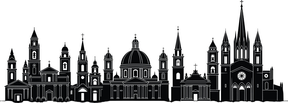 Black silhouette illustration of cathedrals and churches with domes, spires, bell towers, crosses, and rose windows for religious architecture, heritage, and cultural design projects