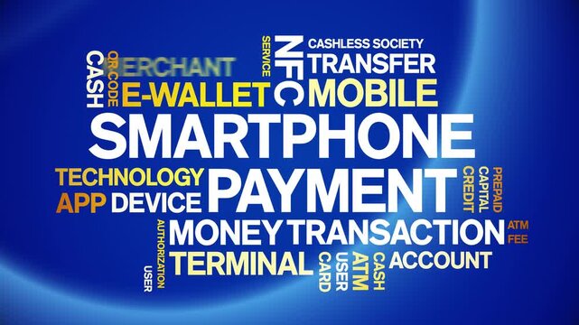 Smartphone Payment animated word cloud-text design animation tag kinetic typography seamless loop.