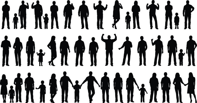 Black silhouette illustration of diverse people including adults and children in various poses such as standing, waving, flexing, and holding hands for social design projects