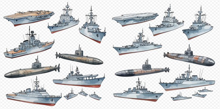 Collection of various watercolor military ships and submarines isolated on transparent background.