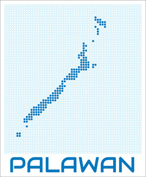 Palawan digital style map with blue rounded rectangle dots. Philippines. Dotted shape of the island. Palawan blue colored map and title on white background. Awesome Vector Illustration.