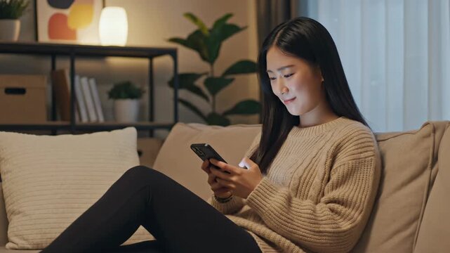 Smiling Korean girlfriend relaxing on living room sofa and texting on smartphone at night