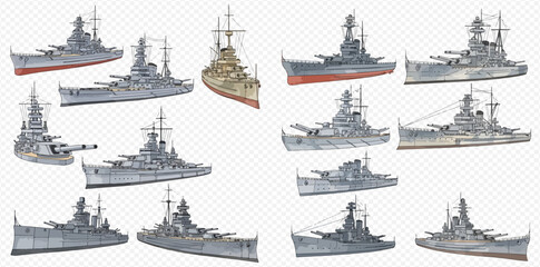 Collection of various historical warships and battleships for naval warfare illustrations. © studio