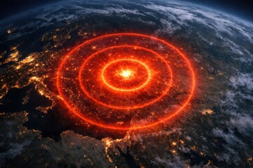 Obraz premium Cosmic galaxy explosion with vibrant red spiral over Earth atmosphere in space