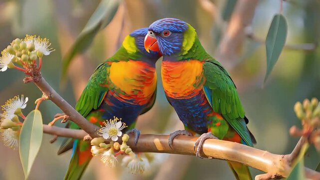 Two vibrant rainbow lorikeets perched on a branch, their colorful plumage a spectacle of nature's artistry in a close-up, soft-focus wildlife scene